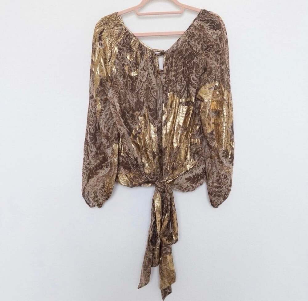 Bcbg Max Azria Long Sleeve Silk Blend Brown Gold Patterned Tie Front Blouse, M